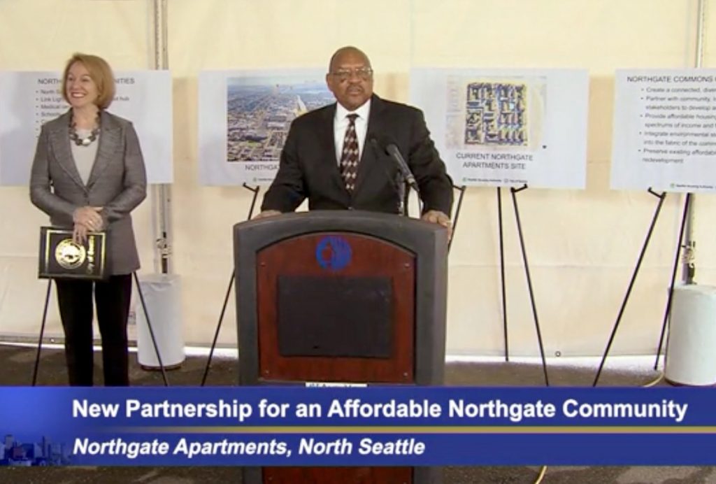 SHA Executive Director Andrew Lofton introduced Mayor Jenny Durkan at the formal announcement of the future Northgate Commons equitable development site. (Credit: Seattle Channel)