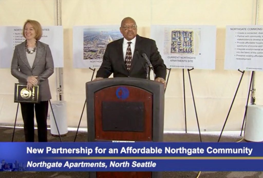 SHA Executive Director Andrew Lofton introduced Mayor Jenny Durkan at the formal announcement of the future Northgate Commons equitable development site. (Credit: Seattle Channel)