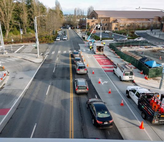 State Transportation Bills Grapple with I-976 Mess, but Face a Ticking Clock SDOT crews working on Montlake Boulevard. (Photo by Doug Trumm)