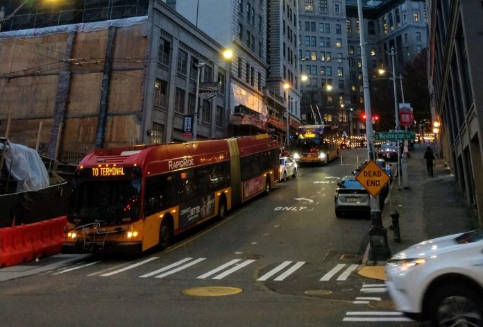 A RapidRide bus in the International District. (Photo by Doug Trumm)