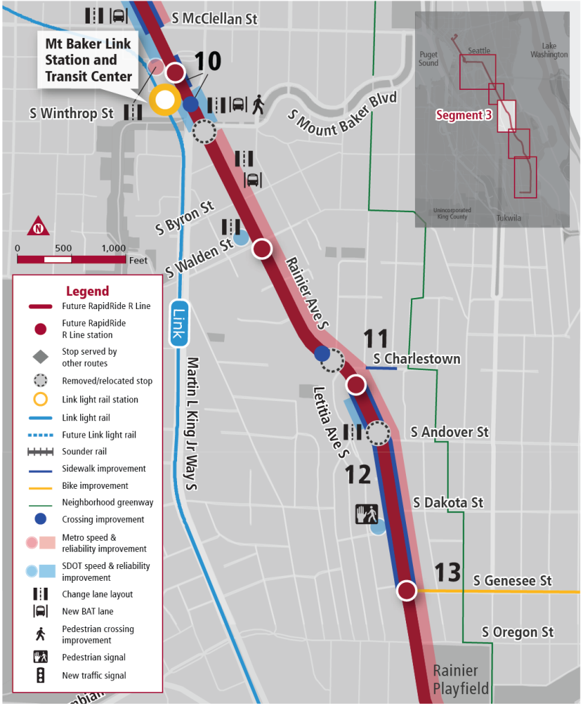 Segment 3 through North Rainier includes some stop consolidations near Mount Baker Station and Andover Street. (King County Metro)