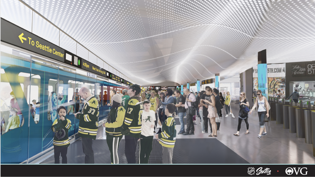 Rendering of a future Westlake station platform for the Monorail. (NHL Seattle)