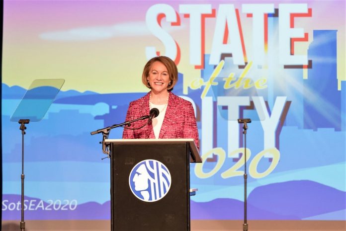 Mayor Durkan delivers her state of the city speech at Rainier Arts Center. (Credit: Seattle Channel)