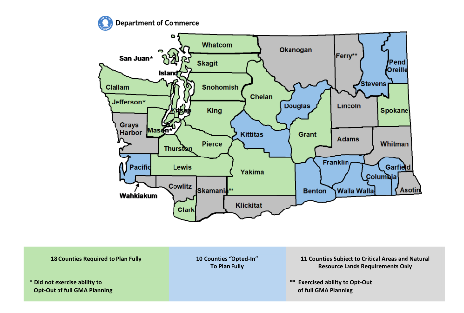 A map showing GMA requirements by county across Washington State. (Credit: WA State Dept. of Commerce)