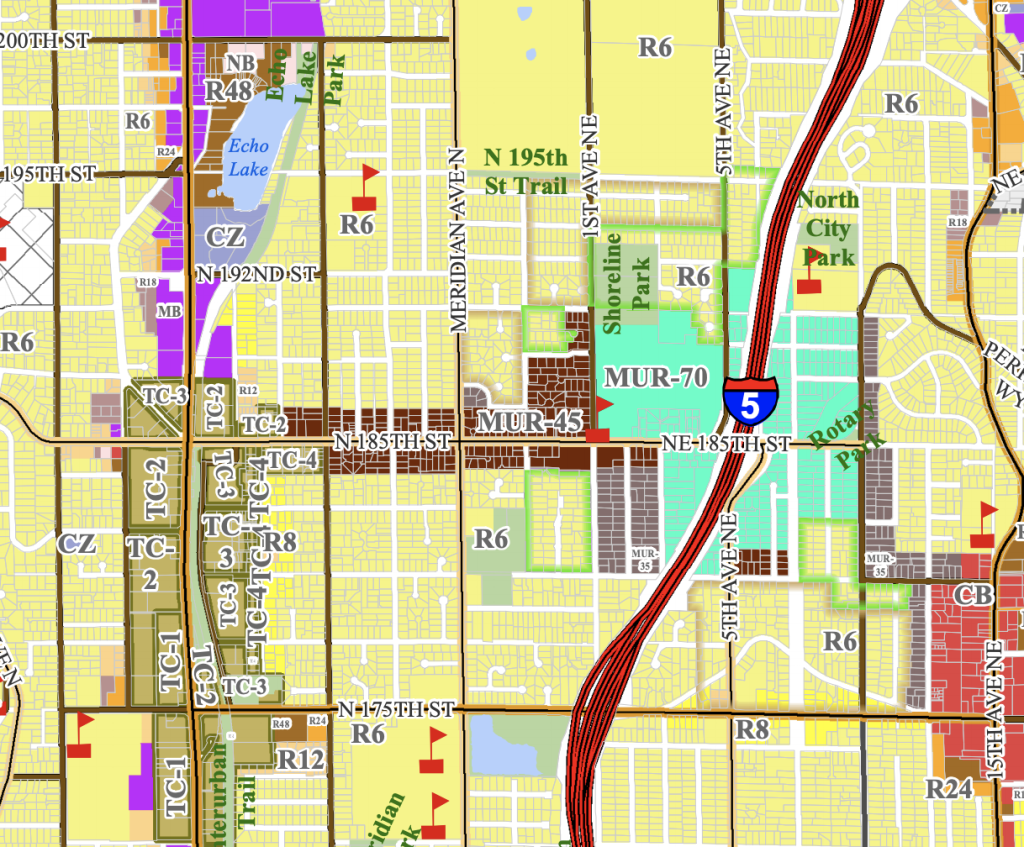 Local zoning map for Shoreline. Brown is 45-foot height limit mixed use zoning and is focused on N 185th St. Sea green is 70-foot height limit mixed use zoning and is clustered around I-6 and NE 185th St. Grey is 35-foot height limit mixed use zoning. SR-99 has a mix of multifamily and commercial zoning, and and yellow is single-family zoning. (Shoreline)