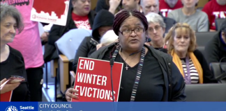 A support of the winter evicition ban testified ahead of the Seattle City Council's vote. (Seattle Channel)