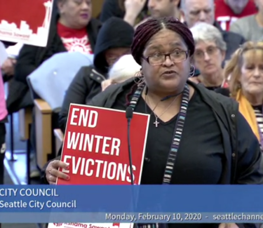 Seattle Council Passes Winter Eviction Ban Against Protests of Mayor Durkan and Landlord Lobby A support of the winter evicition ban testified ahead of the Seattle City Council's vote. (Seattle Channel)