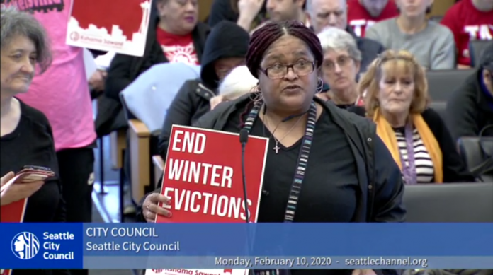 A support of the winter evicition ban testified ahead of the Seattle City Council's vote. (Seattle Channel)