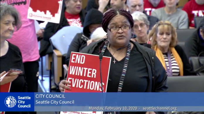 Screenshot 2020-02-11 at 9.00.51 AM A support of the winter evicition ban testified ahead of the Seattle City Council's vote. (Seattle Channel)