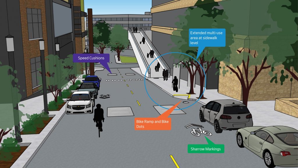Option 1: "An extended multi-use area at sidewalk level that would extend approximately 20 feet north of the existing curb bulb by the Thomas Street Overpass entrance." (City of Seattle)  