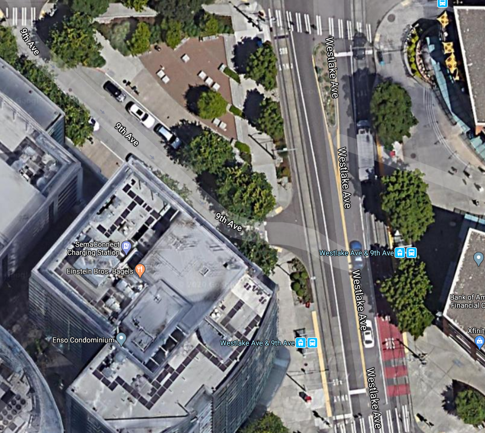 The current Seattle streetcar stop on Westlake on the south side of 9th Avenue will be expanded across 9th to provide more space. (Google Maps)