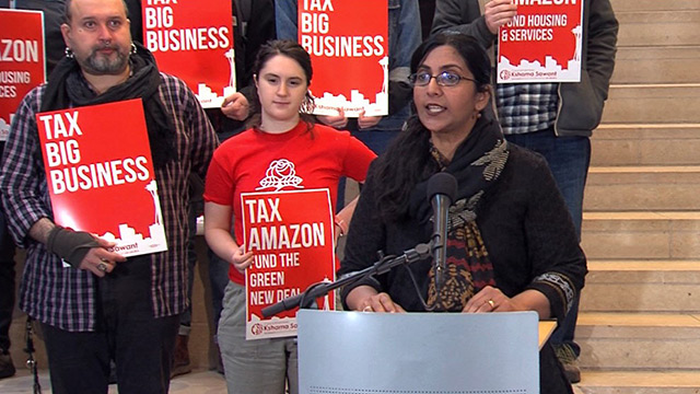 Councilmember Sawant announces business tax at City Hall.  (Seattle Channel)