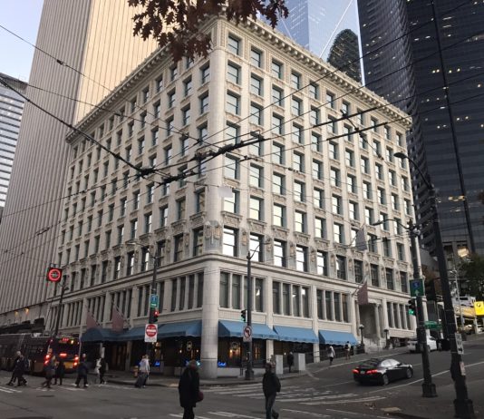 What We’re Reading: The Emergency, Cancelled, and Eviction Moratorium Hotel on the corner of 3rd Avenue and Cherry Street in Seattle.