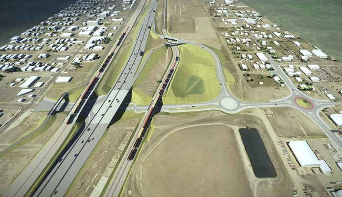 Rendering of I-395 interchange with pond. (WSDOT)