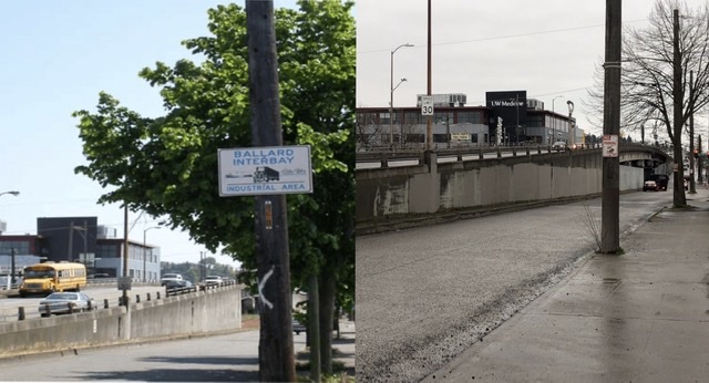 Two images of intersection near Ballard bridge. 2002 image includes a sign saying “Ballard Interbay Industrial Area.” Contemporary right image does not.