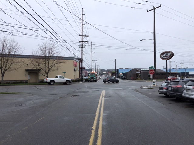 An intersection that is busy and does not have a traffic signal. Or very good crosswalks, to be honest.