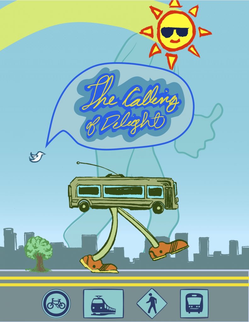 "The Call of the Delights" graphic uses a cartoon bus with legs. (Reed Olson)