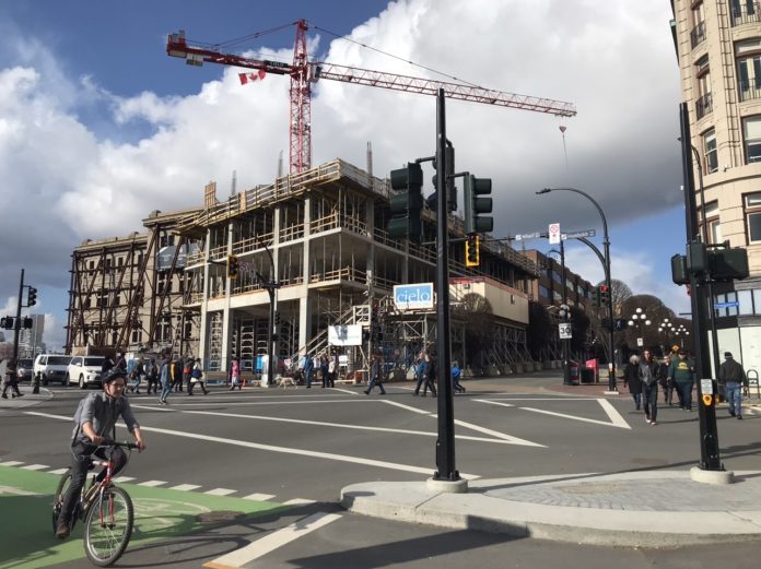 A protected bike and all-way pedestrian intersection in Victoria.