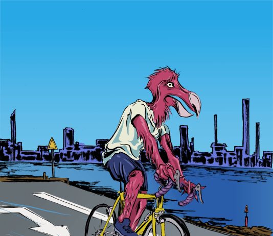 Riding into the Future A dodo on a bike along the industrial waterfront. (Reed Olson)