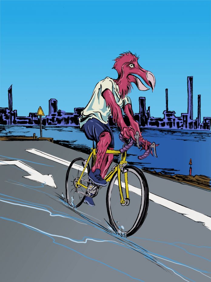 A dodo on a bike along the industrial waterfront. (Reed Olson)