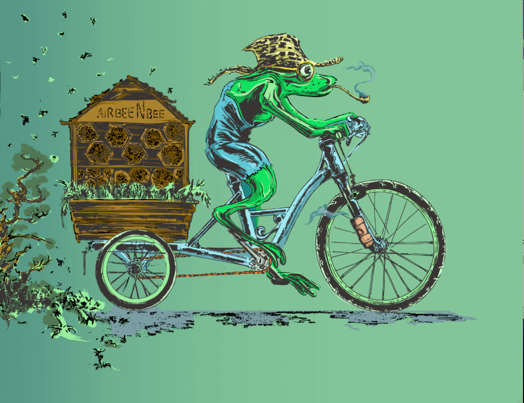 A frog in a cargo bike pulling a bee hive with the slogan "Air Bee N Bee" on it. (Reed Olson)