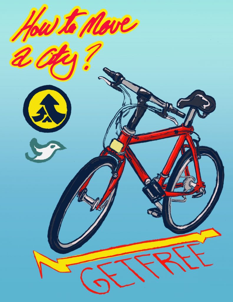 "How to Move a City" graphic shows a red bike with "get free" stenciled below. (Reed Olson)