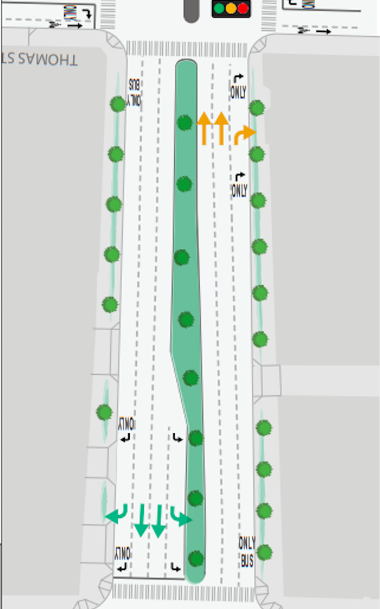 Plans for the block of 7th Ave N between John and Thomas Street, with very little dedicated transit space. (WSDOT)