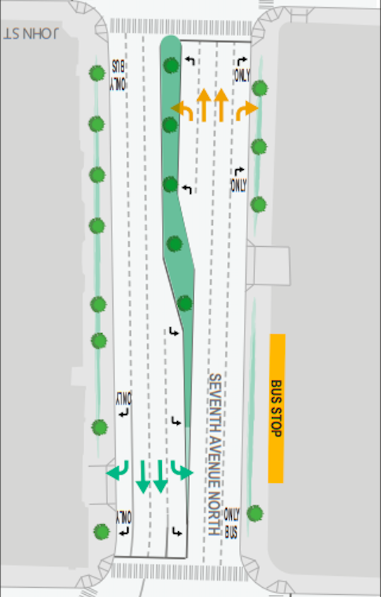 Plans for the block of 7th Ave N between Denny Way and John Street, with very little dedicated transit space.