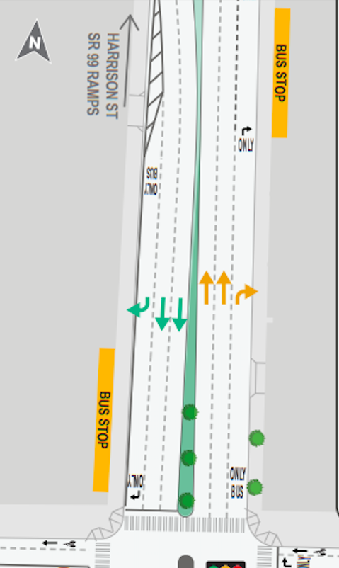 Plans for the block of 7th Ave N between Thomas and Harrison St, with bus stops shown in the same spot as turn lanes, (WSDOT)