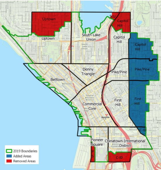 Commute Seattle altered the borders of the survey area in 2019.  Northern portions of Uptown and Capitol were removed, as were southern chunks of the Chinatown-International District. Meanwhile, eastern portions of First Hill and Capitol Hill were added. (Commute Seattle)