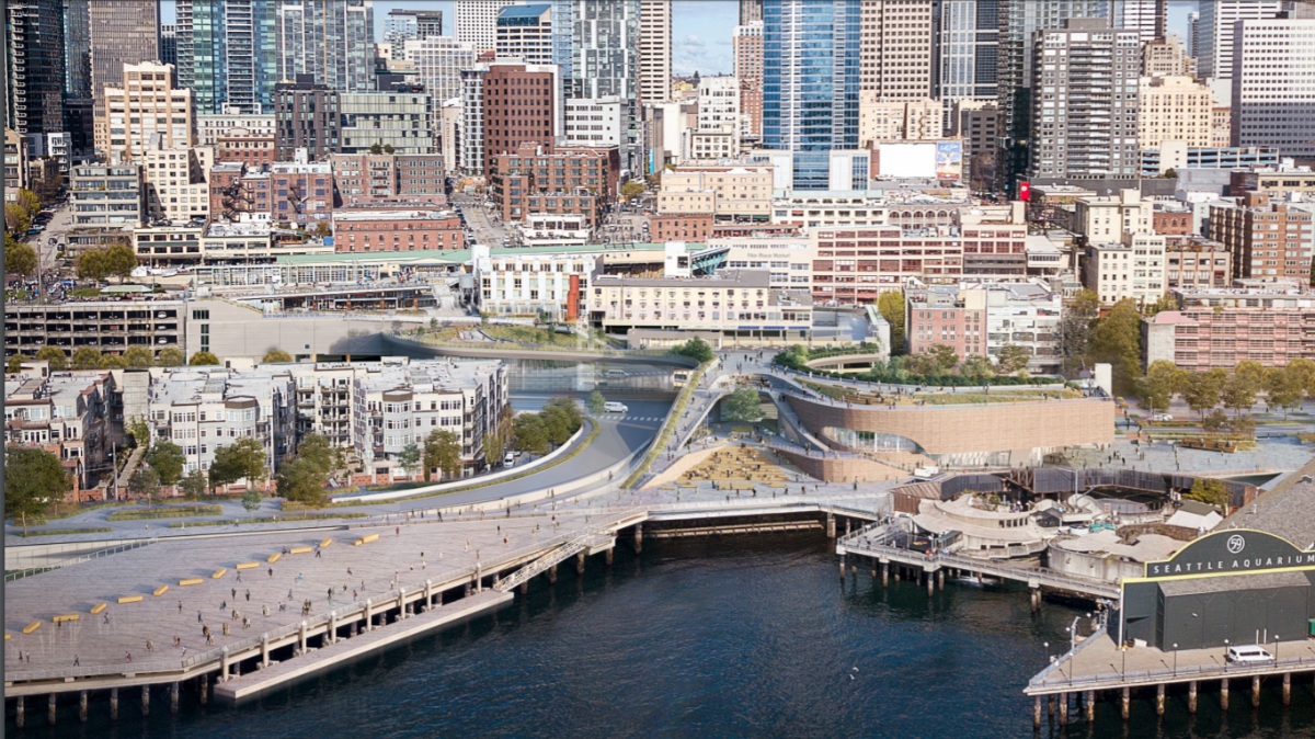 Rendering of waterfront with new Overlook Walk, pedestrian bridge, and Ocean Pavilion. Skyline in the background. (City of Seattle)