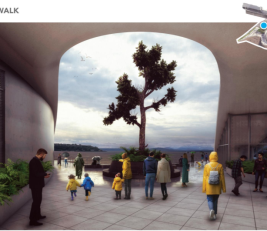 New 60% Designs Inch Seattle’s Waterfront Park Closer to Reality The Overlook Walk's forking staircase creates a unique shelter underneath. (City of Seattle)