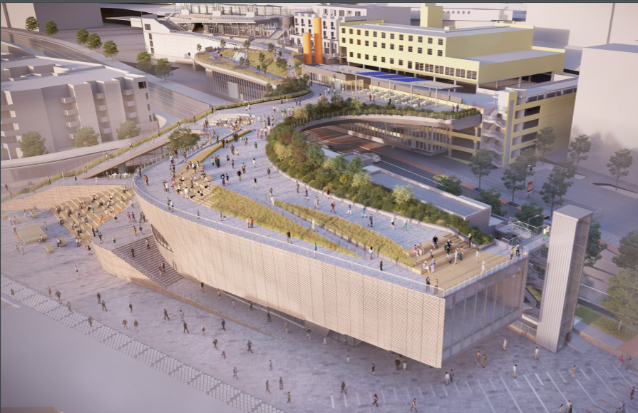 The rooftop of the Ocean Pavilion serves as a park space dotted with plantings and seating areas for people to take in views of Elliott Bay. (City of Seattle)