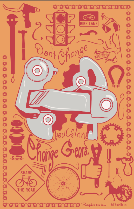 Change Gears graphic shows gears and tools along with road signs like "Share the Road" and "Bike Lane." (Reed Olson)