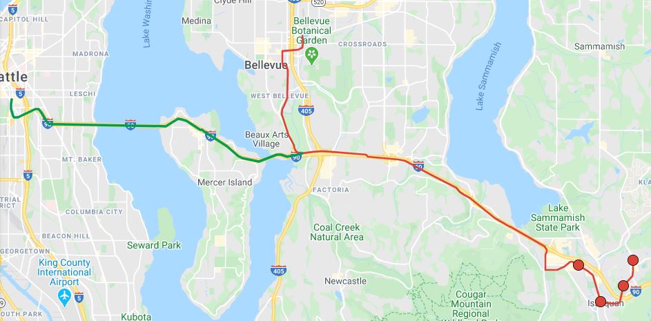 Building a three-way interchange at the Mercer Slough could routes to both Seattle and Bellevue. (Google Maps, edits by Hyra Zhang)
