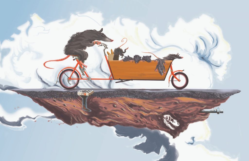 "Family Ride" shows a cargo bike with a family of rats in a surreal environment reminiscent of Salvador Dali paintings. (Reed Olson)