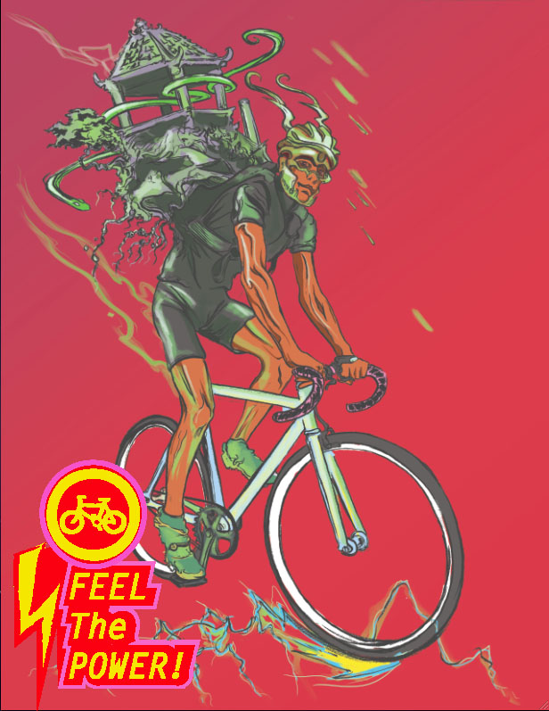 "Feel the Power" graphic features a biker carrying a gazebo on his back. (Reed Olson)