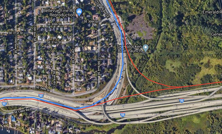 I-90 connection. red is the Purple Line, blue is the East Link. Issaquah line would branch to offer direct service to both Seattle and Bellevue. (Google Earth, edits by author)