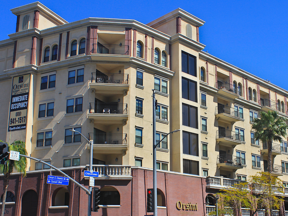 Orsini Apartments branding and advertising at Sunset Blvd. and Figueroa St. (Photo by Leilani Commons)