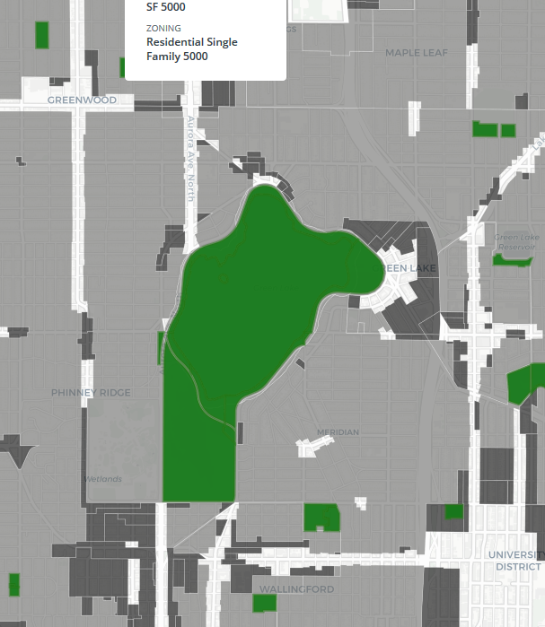 Green Lake: Green Lake Park is the main green space in the area and the dark gray is multifamily zoned land.