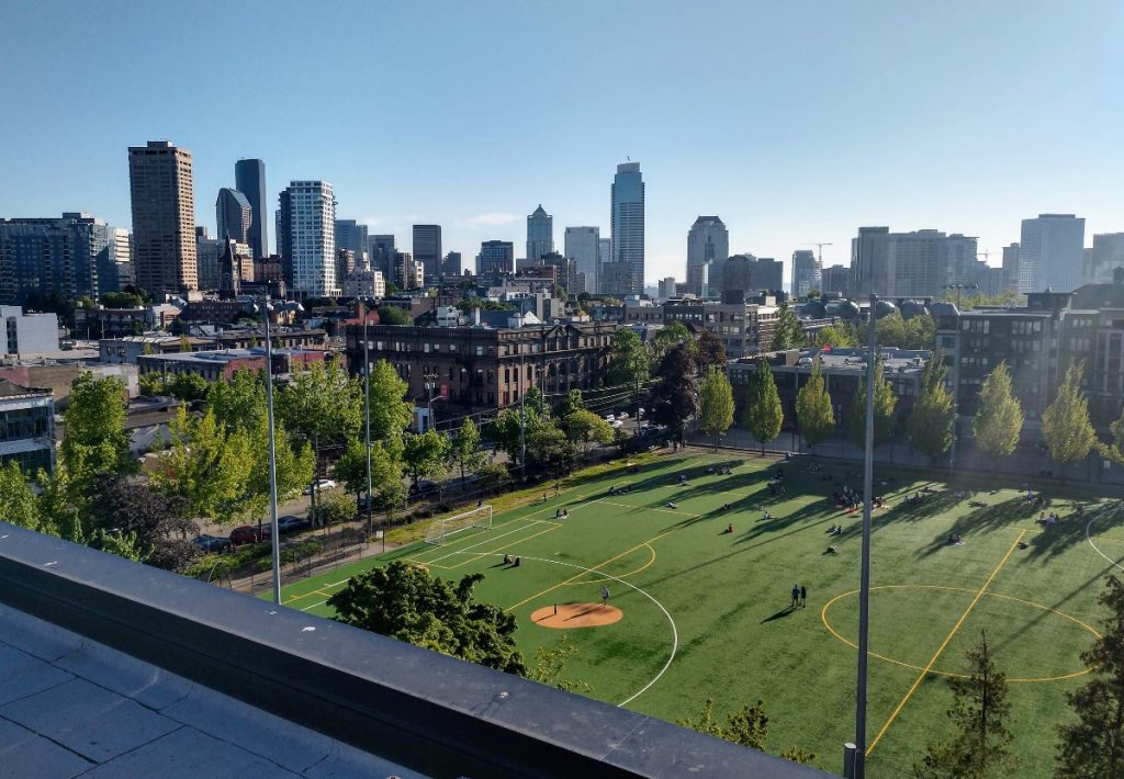 Playfield at Cal Anderson Park with skyline in the background. (Photo by Doug Trumm)
