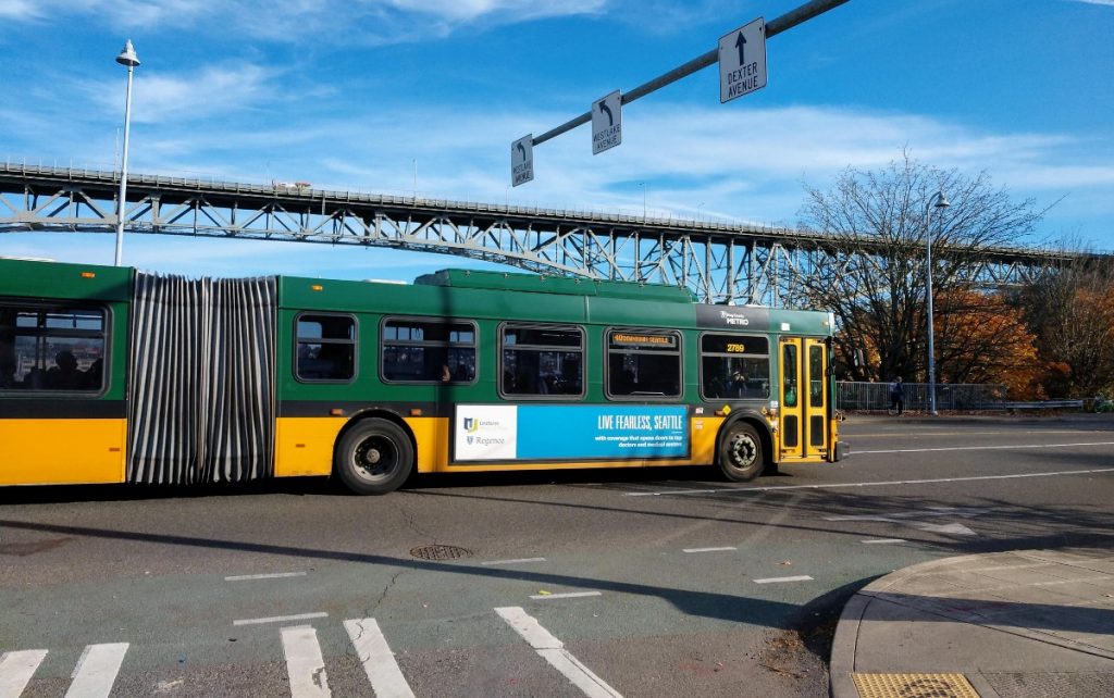 Route 40 bus approaches the Fremont Bridge, which is the busiest bascule lift bridge in the city. (Photo by Doug Trumm)