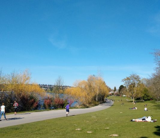 Pedestrians Wonder Where to Go as Mayor Durkan Closes 15 Major Parks Green Lake Park as of Thursday afternoon. (Photo by Doug Trumm)