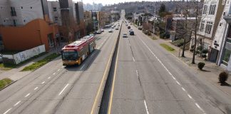 RapidRide heads north on SR-99 just after the Aurora Bridge. (Photo by Doug Trumm)