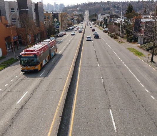State Supreme Court Intervenes in I-976 Case, Ruling Expected This Summer RapidRide heads north on SR-99 just after the Aurora Bridge. (Photo by Doug Trumm)