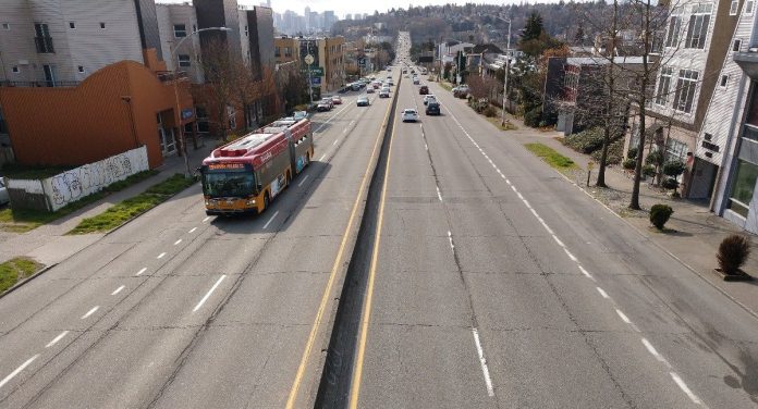 RapidRide heads north on SR-99 just after the Aurora Bridge. (Photo by Doug Trumm)