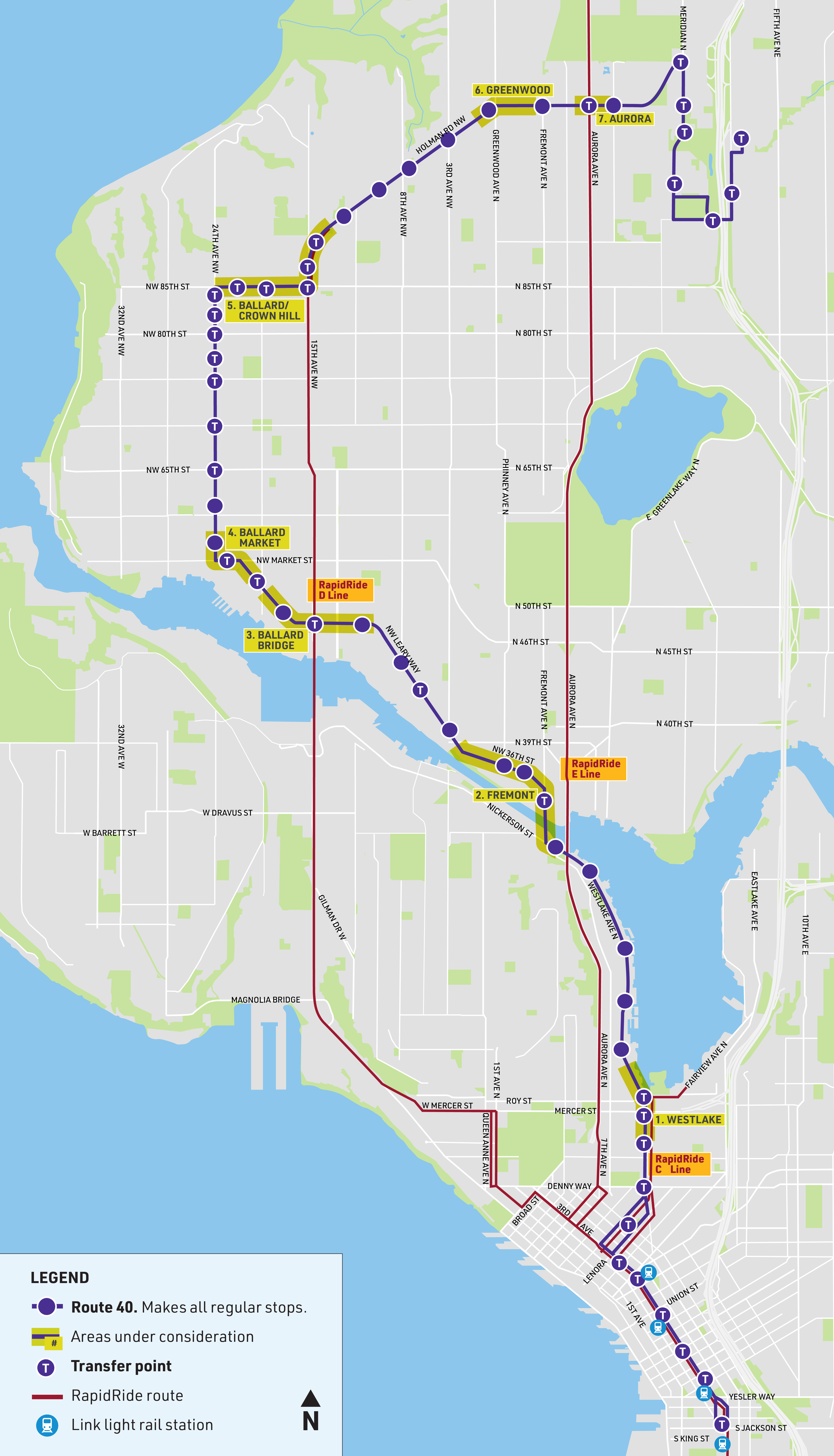 Route 40 has a question mark shape serving the Downtown core and looping to Ballard before swooping up and over to Northgate. (SDOT)