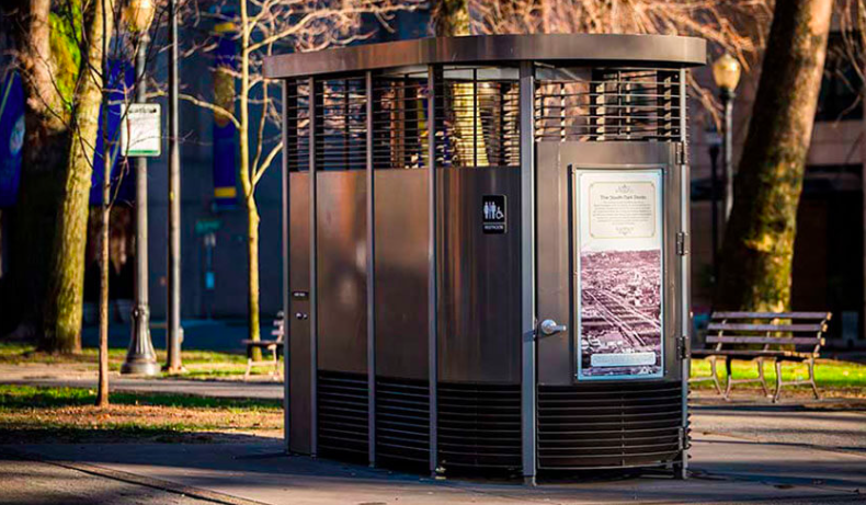 According to the company website, Portland Loos' distinctive design was crafted to help maintain cleanliness and decrease criminal activity. Currently one Portland Loo has been installed in Seattle in the Ballard Commons Park. (Credit: Portland Loo)