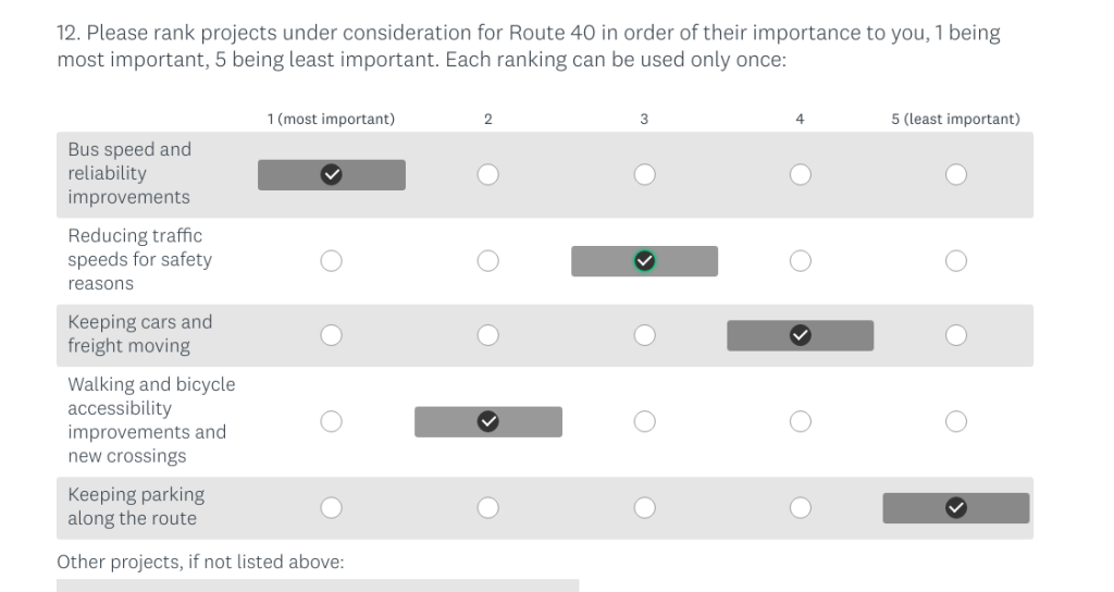 SDOT asks survey takers to rank corridor improvements by importance: Bus speed and reliability improvements, Reducing traffic speeds and safety reasons, keeping cars and freight moving, walking and bicycle accessibility improvements and new crossings, keeping parking along the route. (SDOT)