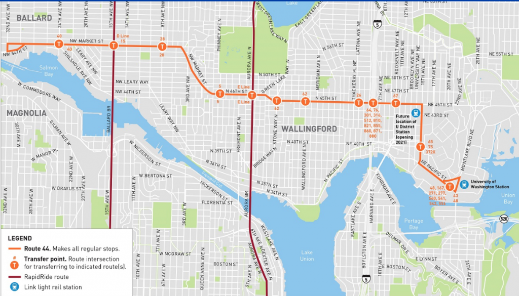 Route 44 map. Transfer points abound for this crosstown route. (SDOT)